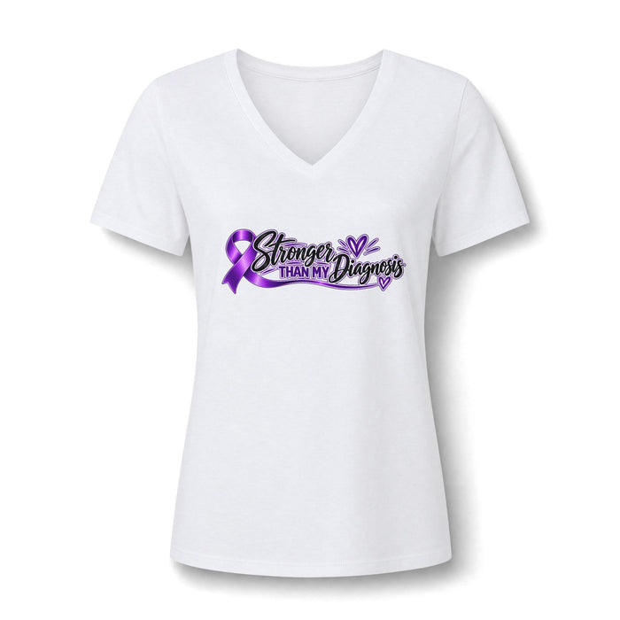 Women's V-Neck Tee — "Stronger Than My Diagnosis" Purple Awareness Ribbon